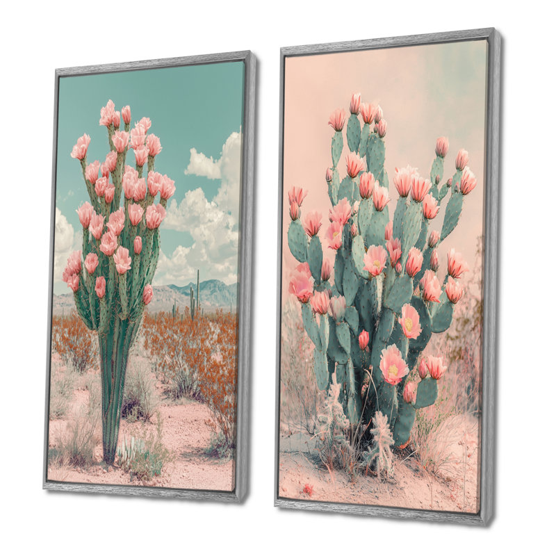 Pastel cactus en fleurs dans le désert III - art mural floral 2 panneaux, H 28 po x l 25 po, Encadrement argenté