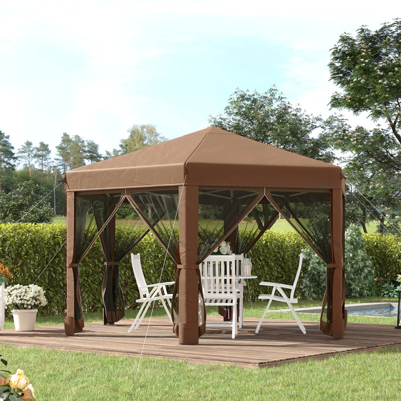 Outsunny 13' X 11' Hexagonal Pop Up Gazebo, Heavy Duty Outdoor Canopy Tent With 6 Mesh Sidewall Netting, 3-Level Adjustable Height And Strong Steel Frame, Brown
