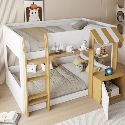 Lit superposé simple au-dessus de simple avec bureau, rangement, échelle et ports USB - blanc, bois massif compact
