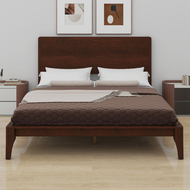 Lit plateforme moderne en bois avec support à lattes, Chocolat, Lit double