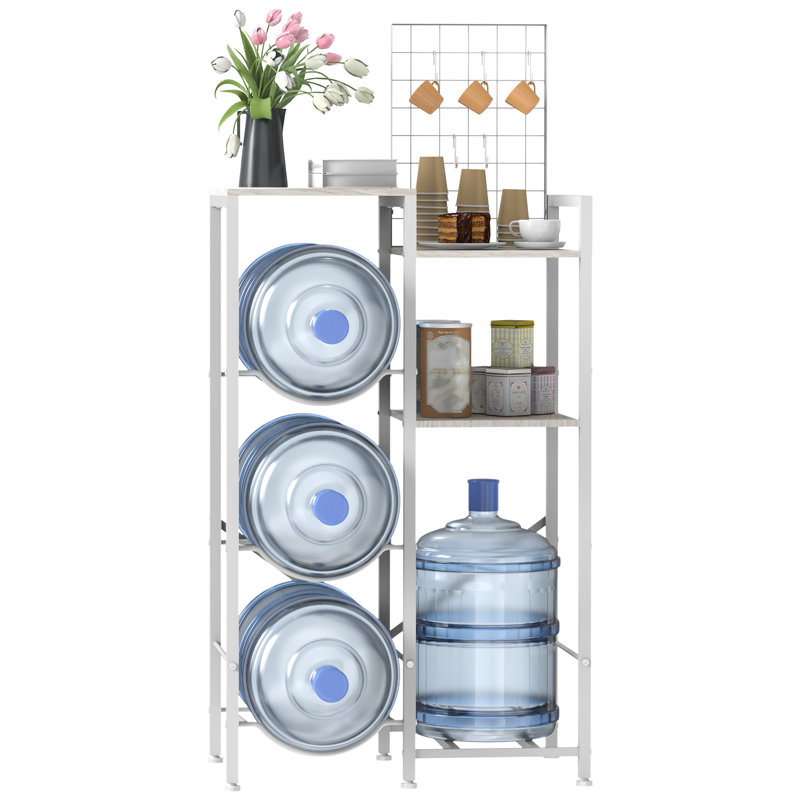 Support de rangement pour bouteilles d'eau avec tablettes de café, support à eau à 5 niveaux avec crochets, Gris