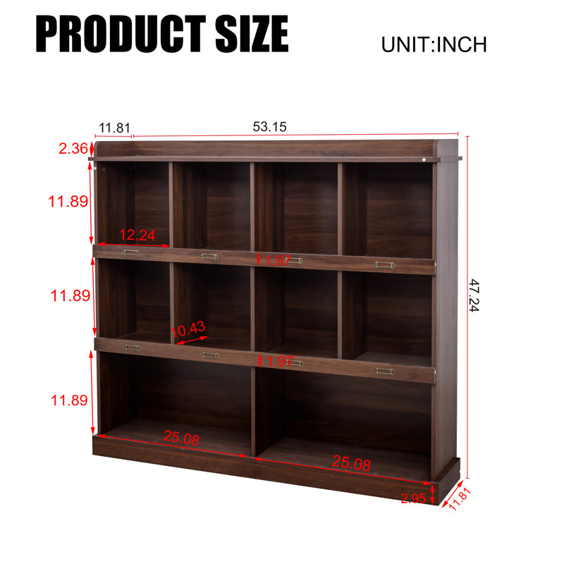 Rustic Retro Style Bookcase With 10 Compartments,suitable For Living Room, Study, Foyer Can Be Used As A Display Shelf, Tan