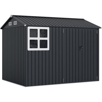 6x8 FT Heavy-Duty Metal Storage Shed with Lockable Door & Windows, Galvanized Steel Utility Shed Brown