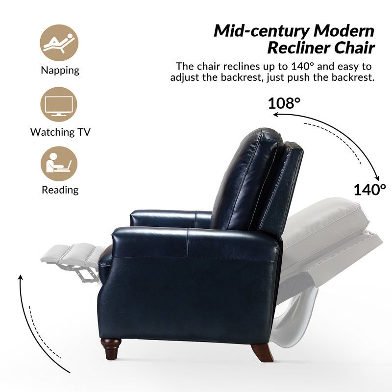 Andrena 34" W Top Grain Leather Recliner with Nailhead Trim (Set of 2) , Genuine Leather Navy