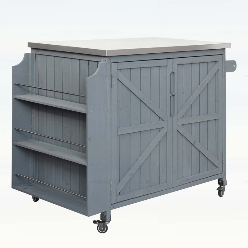 Outdoor Kitchen Island with Side Shelf,Stainless Steel Top,Adjustable Shelf,and 4 Locking Wheels, Gray