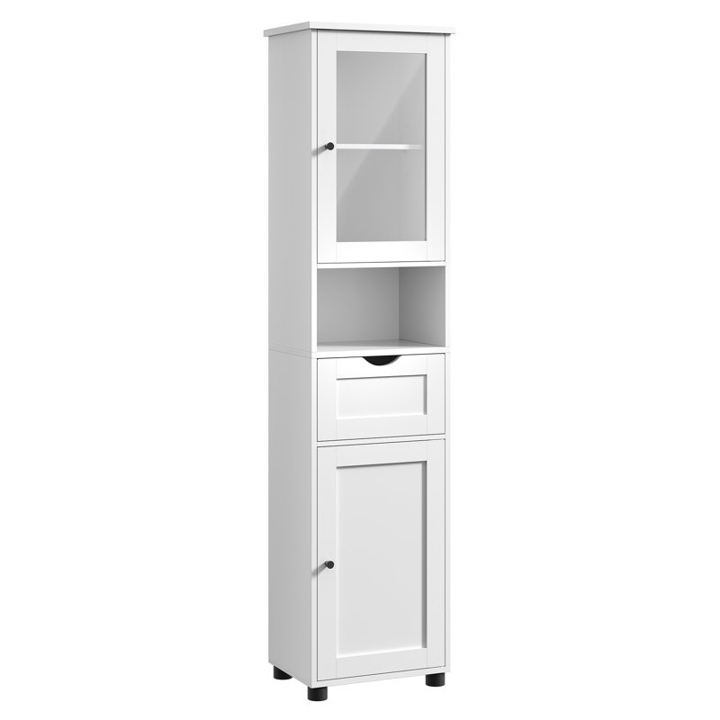 Space Saving Tall Slim Freestanding Bathroom Cabinet with Open Shelf Glass Door Water Resistant Feet, White
