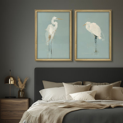 Elegant White Heron Bird Coastal Nature Wall Decor for Living Room Bedroom or Entryway Framed Wall Art 26"x36" Set of 2