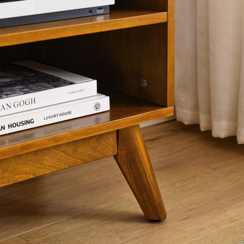 Mid Century Modern Rattan TV Stand For 65 Inch TV, Entertainment Cabinet, Media Console For Living Room Bedroom Media Room, Solid Wood Feet & Rattan Cabinet Doors