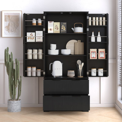 Armoire de cuisine 72 po avec 2 grands tiroirs et 8 portes à épices, organisateur de rangement autoportant pour salle de bain, salle à manger, bureau, entrée, noir