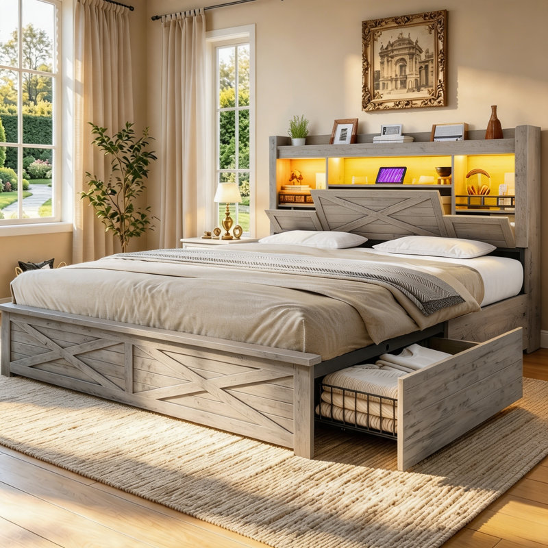 Storage Bed Queen with LED Headboard and Charging Station – Farmhouse Platform Bed with 4 Drawers, Flip-Door Cabinets, USB Ports, No Box Spring Needed, Rustic Gray Wood & Metal Frame