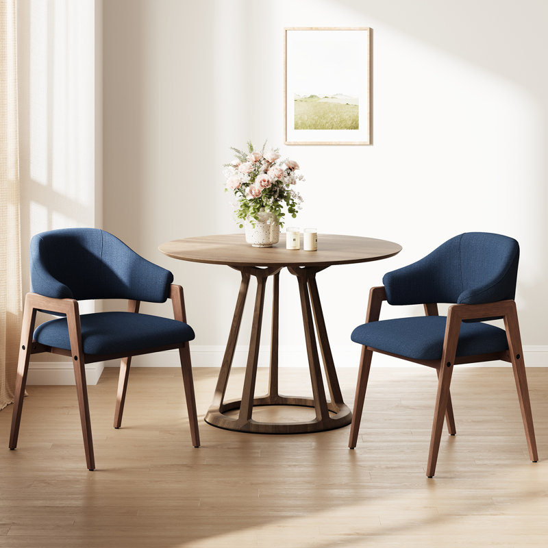 Modern Minimalist Upholstered Linen Dining Armchair with Solid Wood Legs, Blue