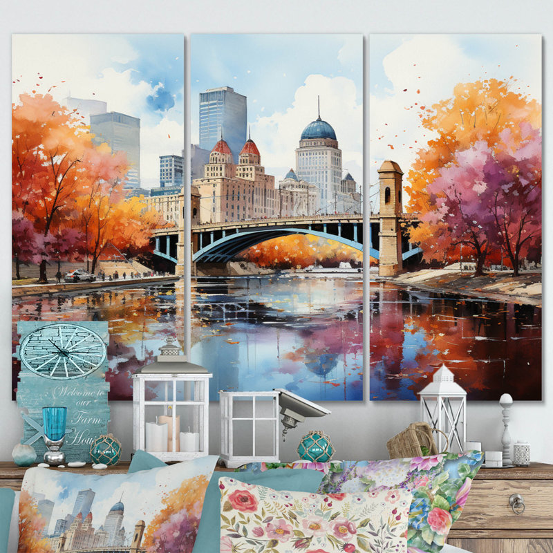 «Minneapolis City In Autumn II», reproduction sur toile 3 pièces, H 40 po x l 60 po x P 1 po
