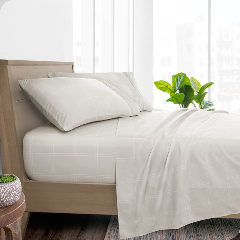 Twin XL Stone and White Plaid Microfiber Sheet Set