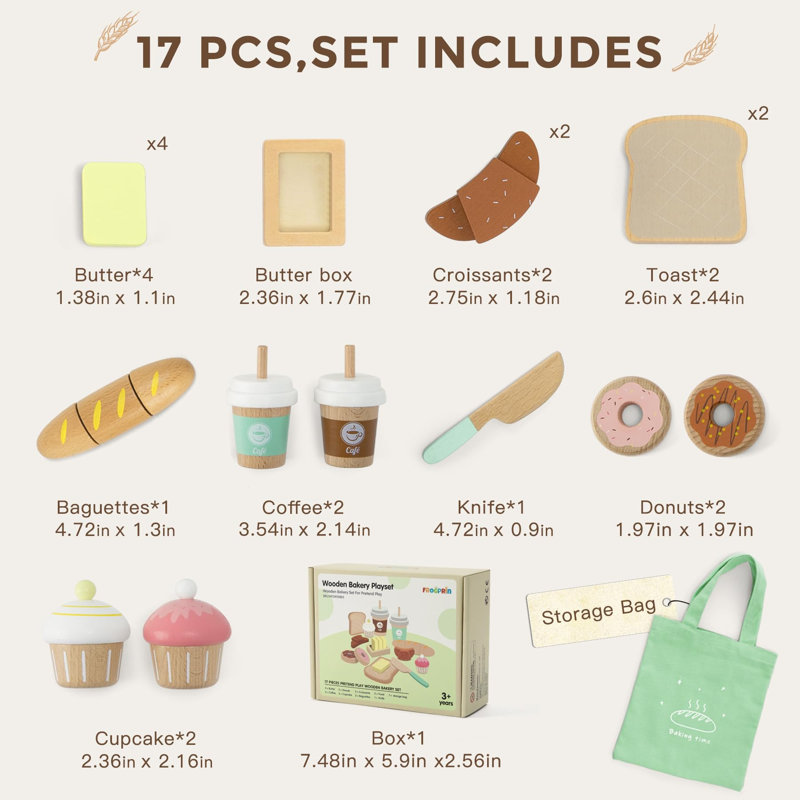 17-Piece Wooden Bakery Food Playset with Pastries, Coffee and Shopping Bag for Pretend Kitchen and Cafe Play