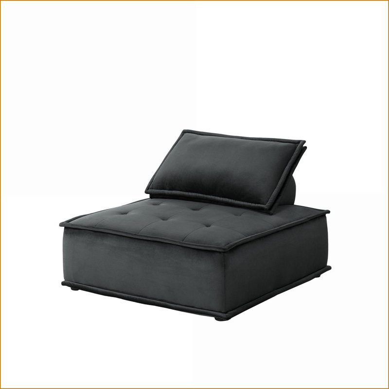 Canapé modulaire en velours noir capitonné 3 pièces 80 po avec repose-pieds | Noir | Velours, H 29 po x l 80 po x P 80 po