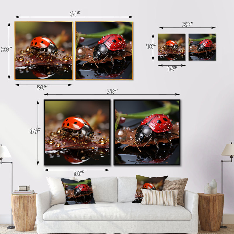 Lively Ladybug Reflections - Insects & Bugs Square Collage Set Of 2, Black Floater Framed, 16" H x 33" W