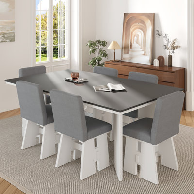 Modern 7-Piece Dining Table Set with 6 Upholstered Chairs, Rectangular Wood Dining Table for Kitchen & Dining Room, Dark Gray+White