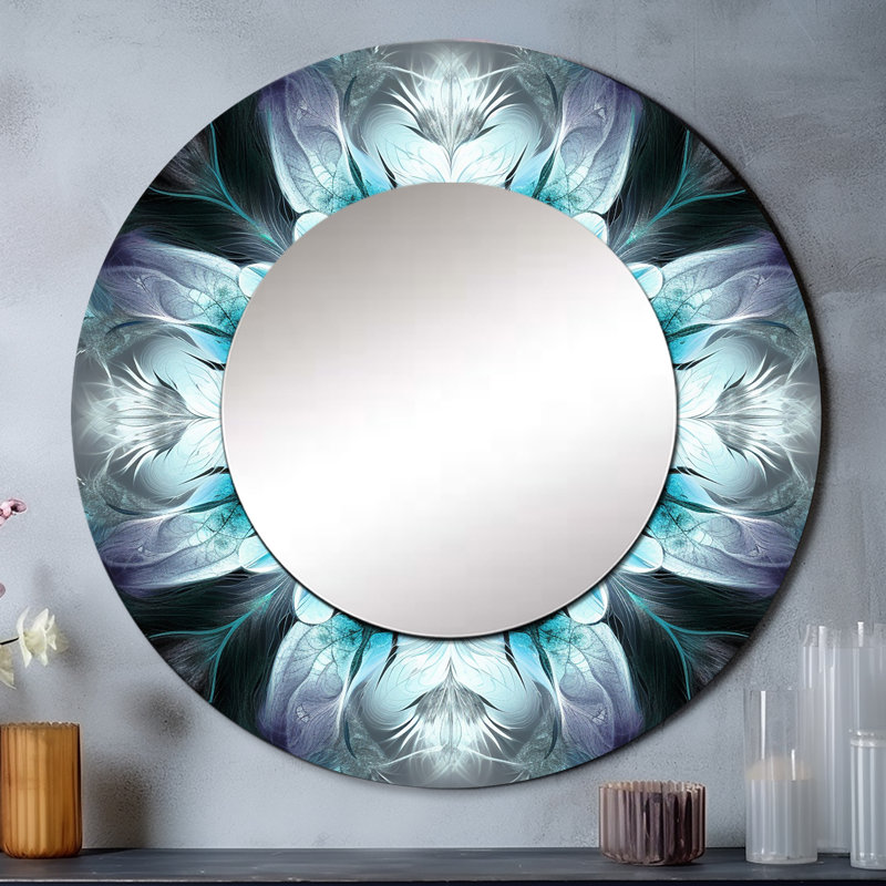 Turquoise et blanc fleurs fractales II - grand miroir mural géométrique, miroir décoratif rond moderne, impression d'art en métal