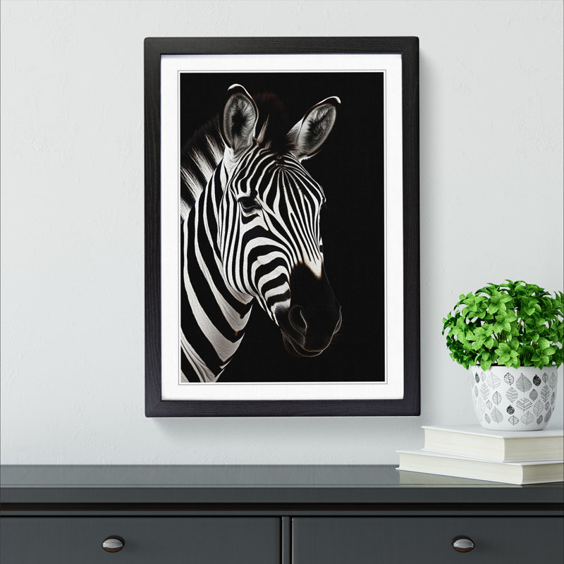 Zebra Minimalism - Single Picture Frame Print on Wood, 46cm H x 34cm W x 2cm D, Black