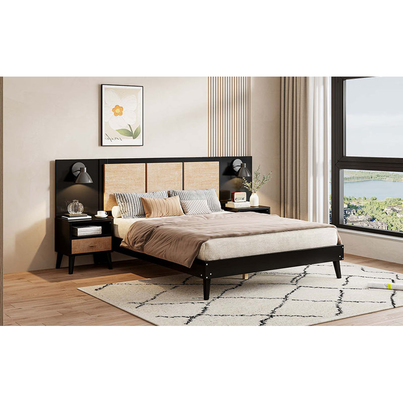 Structure de lit grand format en rotin et bois avec 2 tables de chevet et lampes, Noir