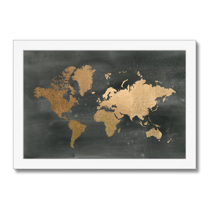 Gold World Map On Black Wash by Jennifer Goldberger - Print, 24cm H x 34cm W, White Framed Paper Print