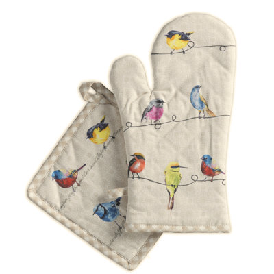 Maison d'Hermine Birdies on Wire 100% Cotton Oven Mitt + Pot Holder - 7.5" x 13" & 8" x 8"