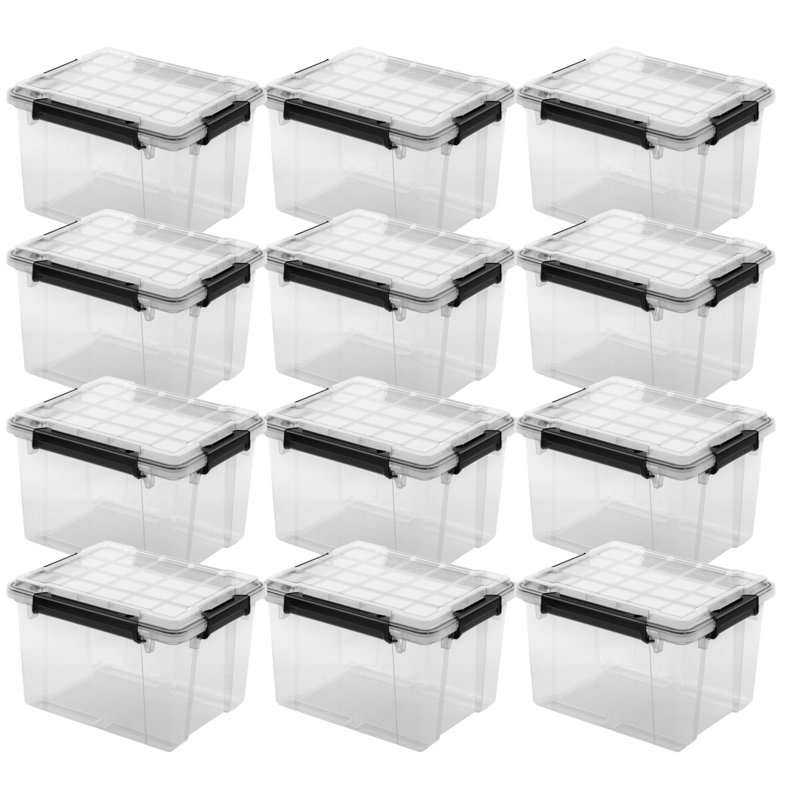 Sterilite 34Qt Gasket Box, Stackable Storage Container with Lids, Black, 12 Pack