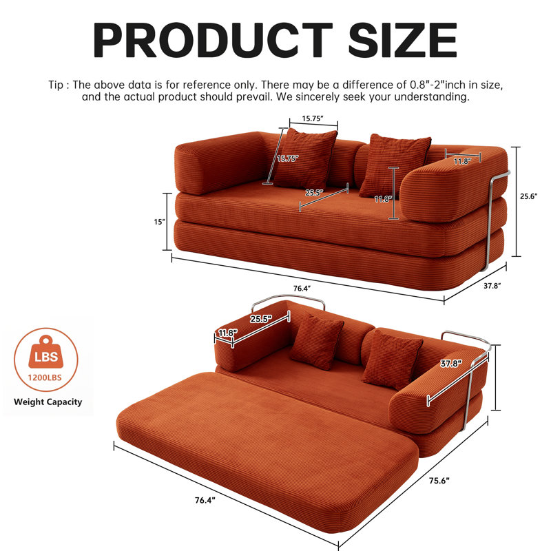Canapé convertible en tissu velours côtelé 76,4 po Boneless, Velours côtelé rose rouge