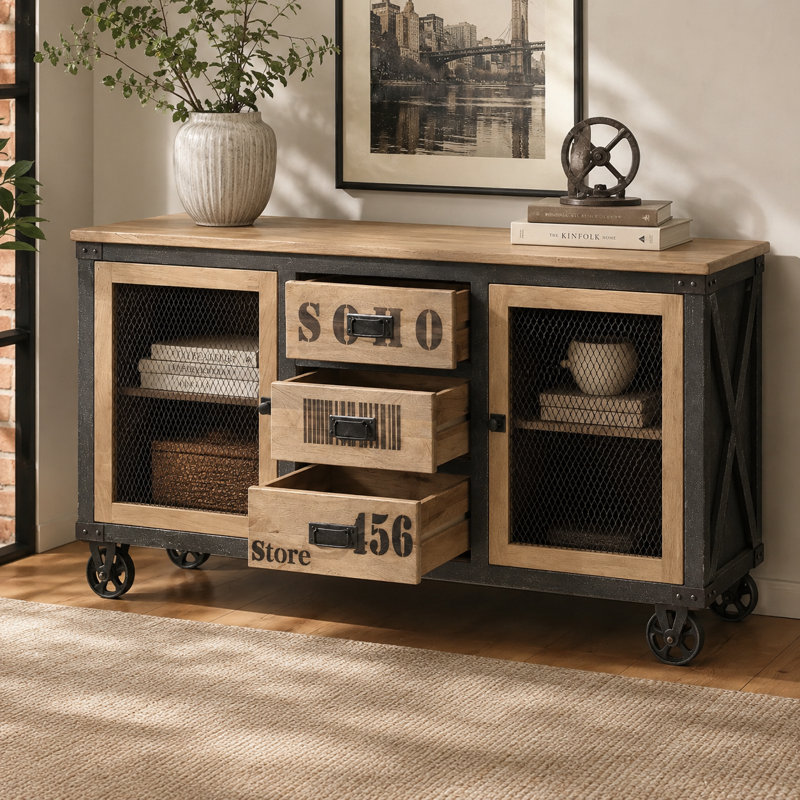 Taylors Modern 170cm Chest of Drawers Solid Mango Wood 3 Drawers 2 Mesh Doors on Wheels For Home