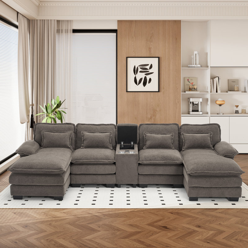 Canapé modulaire surdimensionné en U 133 po en chenille avec porte-gobelets avec console de rangement et USB 133 po