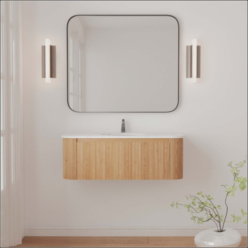 Meuble-lavabo mural avec comptoir en marbre artificiel, lavabo en céramique, conception courbée avec rayures, pré-assemblé