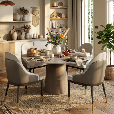 5/7 Pcs Mid-Century Sintered Stone Round Dining Table Sets With Sturdy Irony Kitchen Chairs For 4/6