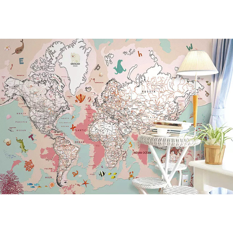 Murale rose pour enfants carte murale animaux Quercia, L 106 po x l 187 po
