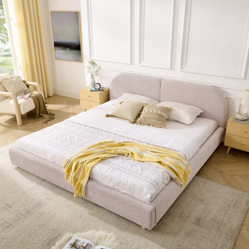 Structure de lit rembourrée en tissu avec tête de lit courbée, King, Pink