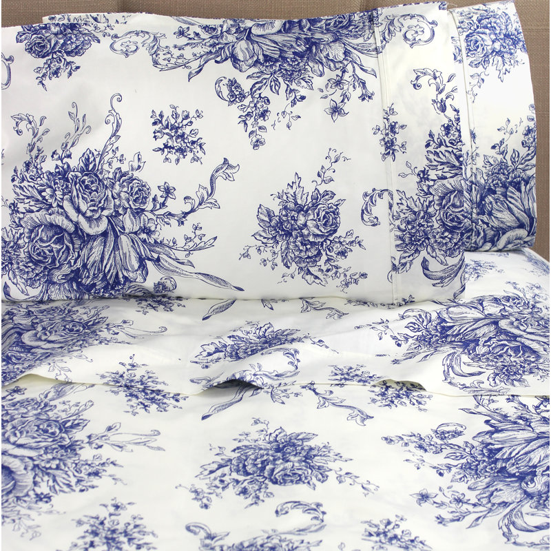 Benedictine 100% Cotton Toile Sheet Set, Queen, Navy