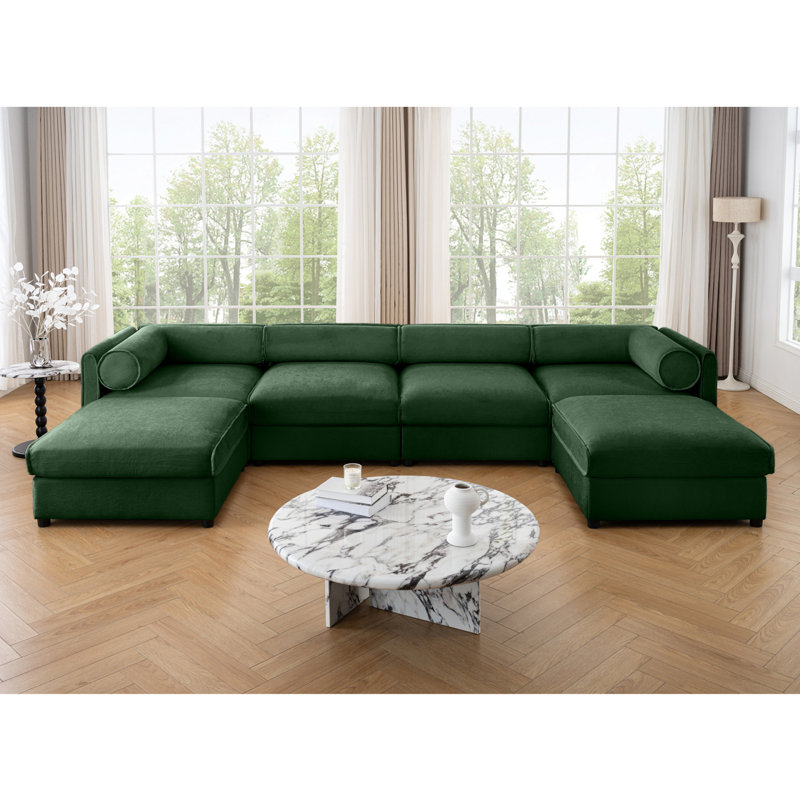 Canapé modulaire avec rangement, dossier cylindrique et accoudoirs Boneless, Chenille verte