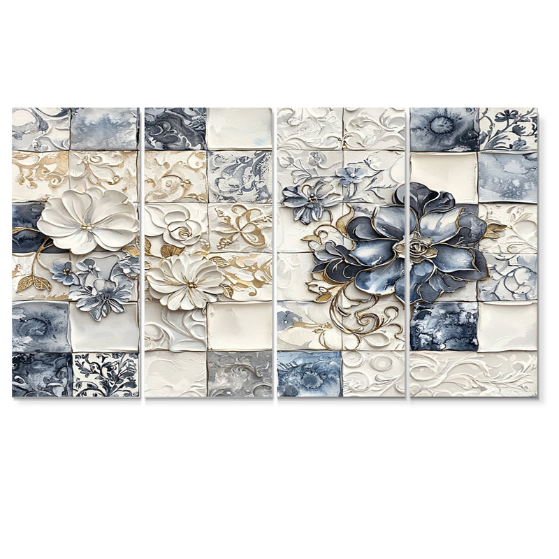 «White and Blue Floral Abstract Tiles III - Boho Tiles», ensemble d'art sur toile, H 32 po x l 64 po