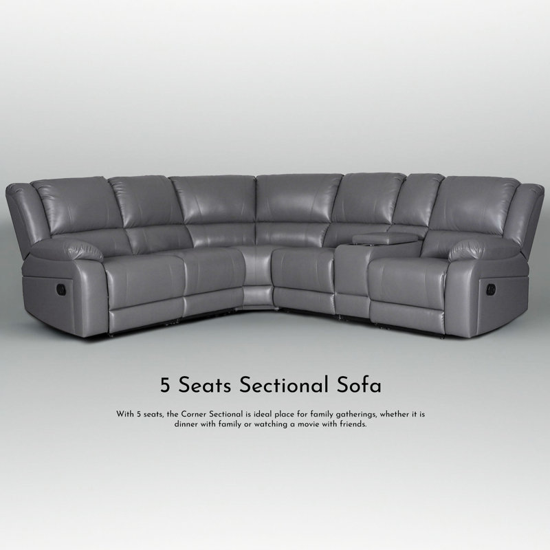 109" Faux Leather Reclining Sectional, One Console With Storage & Cup Holders, Gray Faux Leather