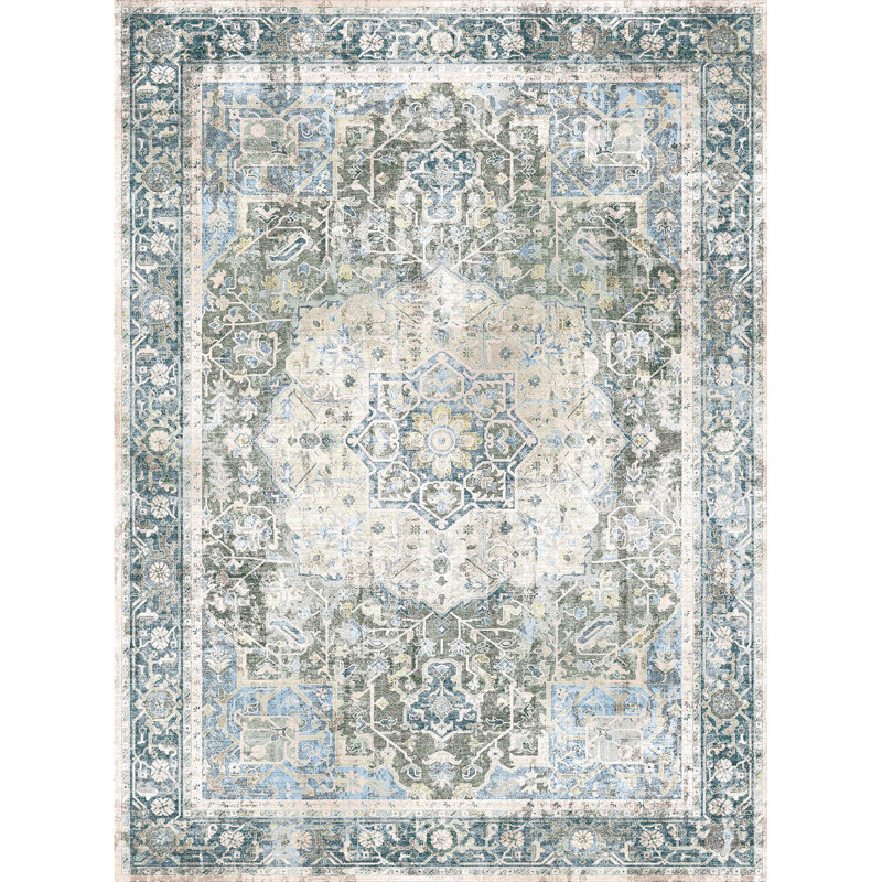 Tapis oriental ivoire délavé à la machine Octavia, bleu octavia, Rectangle 8 pi x 10 pi