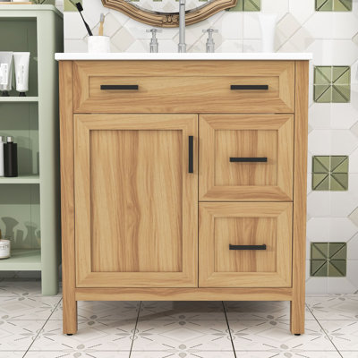 Meuble-lavabo en bois avec 2 tiroirs à fermeture en douceur, portes et tablette réglable