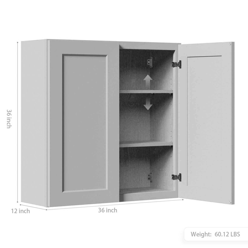 White Shaker Solid Wood Wall Cabinet With Soft-Close Doors, Adjustable Shelves - 27" Double Door Storage For Kitchen, Bathroom, Laundry, Garage (Easy Assembly, 27"W X 12"D X 30"H)