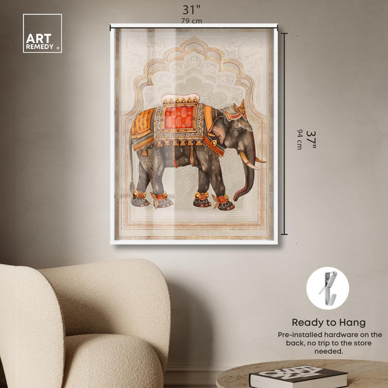 Décoration murale oriental Elephant Queen Shadowbox Print par Art Remedy, H 37 po x l 31 po, Blanc