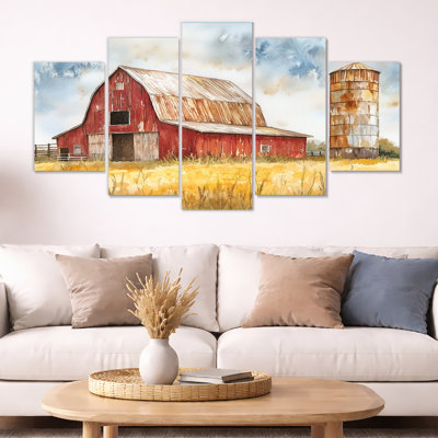 Maison de campagne de grange, toile de silo rustique, grange avec silo patiné 5 panneaux