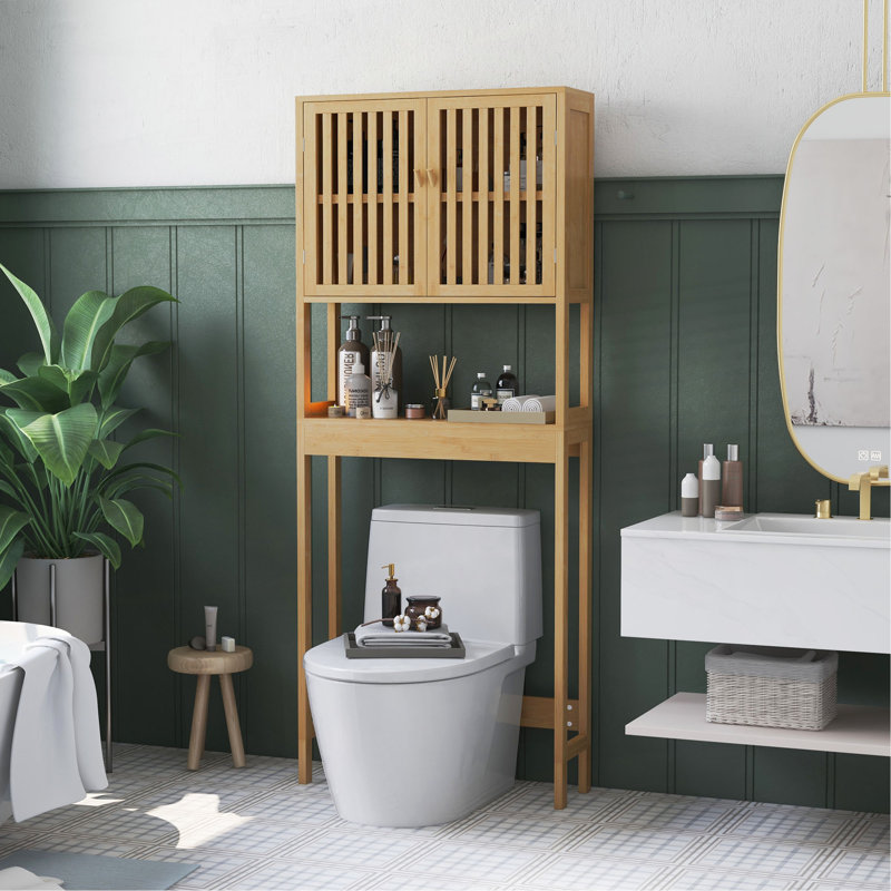 Bamboo Over The Toilet Storage Cabinet, Over Toilet Bathroom Organizer With Slatted Doors, Adjustable Shelf And Open Shelf, Natural
