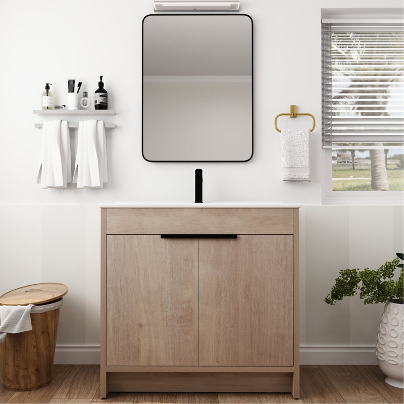 Salle de bain autoportante de 36 po avec lavabo. Lavabo en céramique blanche et 2 portes d'armoire. Chêne uni scintillant distinctement. Tablette ajustable. Poignées en métal. Meuble-lavabo avec contreplaqué Hardy. Style. Fiable
