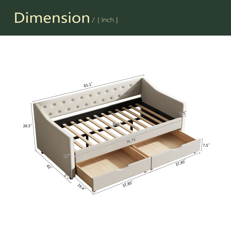 Lit de jour avec tiroirs, canapé-lit capitonné, avec boutons sur le dos et passepoil sur les accoudoirs ondulés, Lit simple