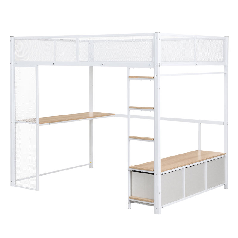Lit mezzanine de jeu en métal blanc avec DEL, bureau et 3 tiroirs - Rangement élégant, pleine grandeur