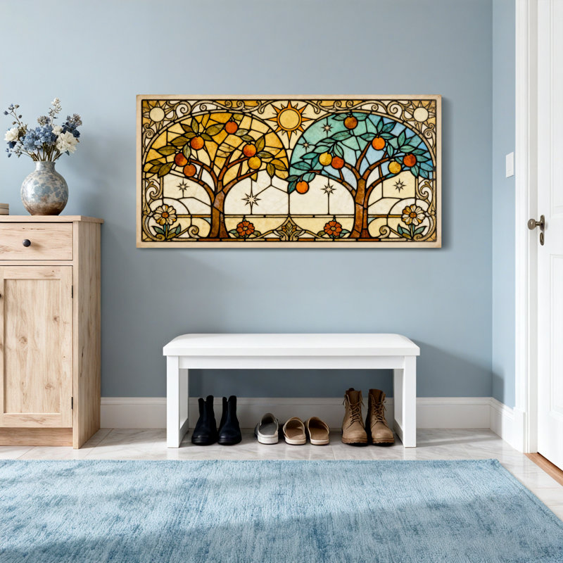 Vitrail tendance, arbre, soleil, ciel, fleurs, étoiles, oranges, art, H 16 po x l 32 po