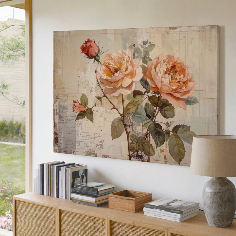 Art mural rétro rose botanique, pêche douce et rosée, art de la nature, toile prête à accrocher, H 9 po x l 12 po