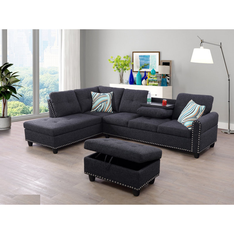 Ahuva Upholstered Sectional Left Hand Facing, Black Grey 100% Linen, Left Hand Facing
